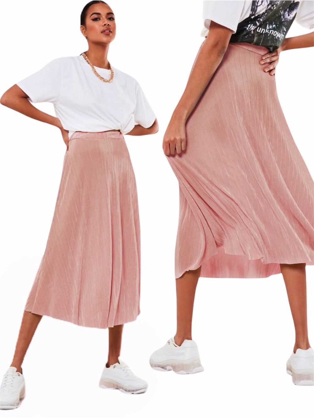 MISSGUIDED A-LINE PINK PLISSE MIDI SKIRT - BNWT